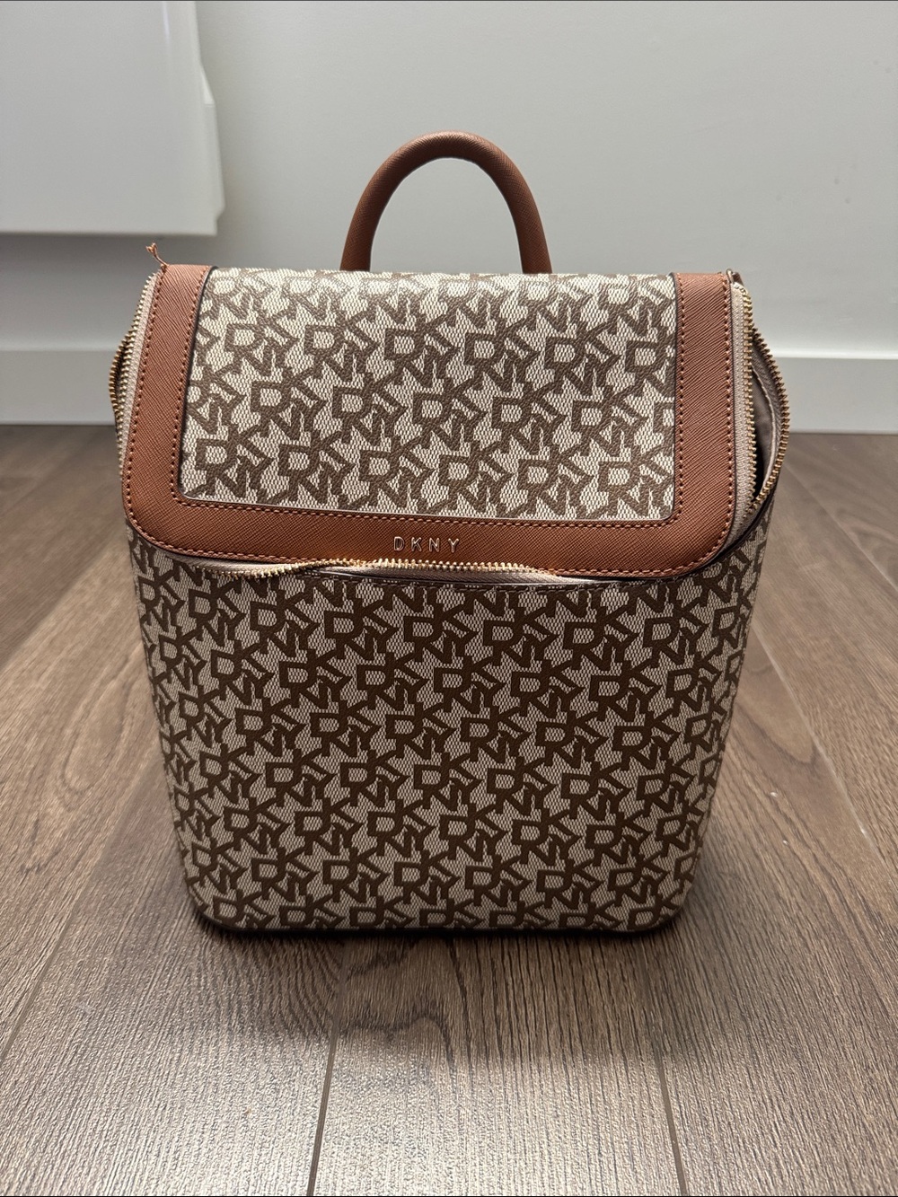 DKNY Tan and Cream Logo Canvas Backpack with Leather Trim